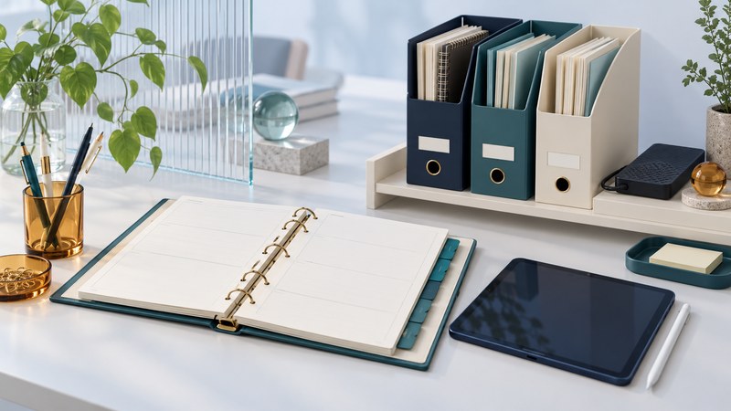 An open ring binder, tablet and stylus sit beside organized folders and an external drive.