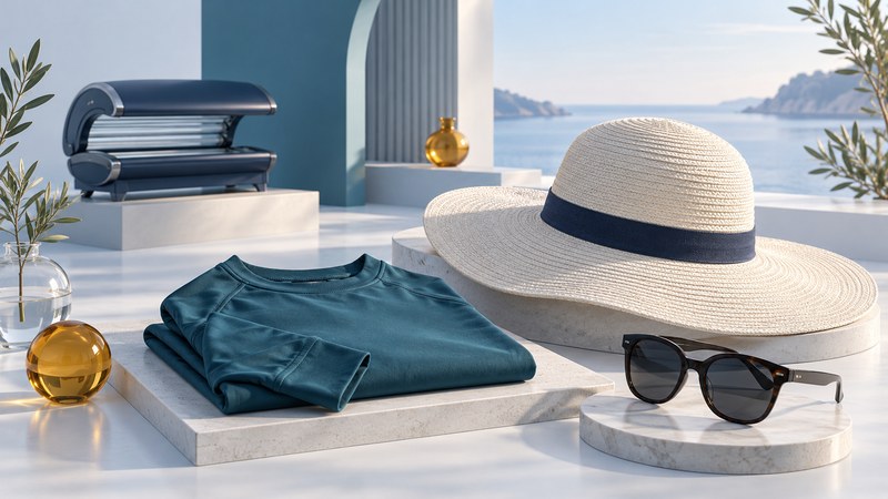 A small inactive tanning-bed model behind a sun hat, long-sleeved shirt and sunglasses.