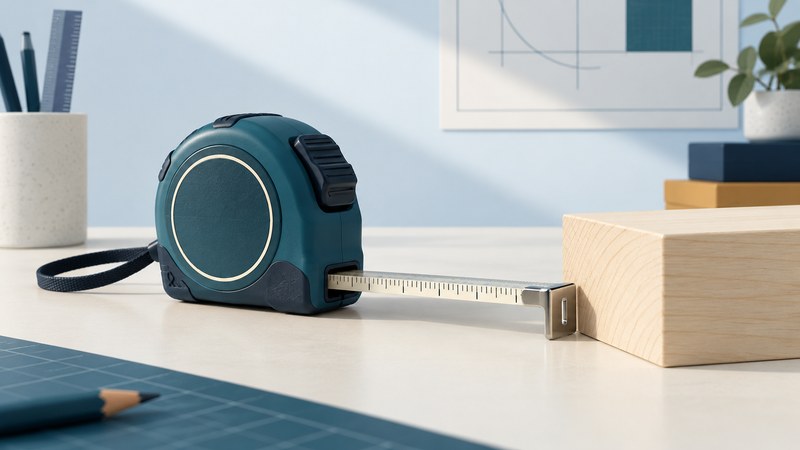 A teal tape measure with a short extended blade and metal hook beside a squared wood block.