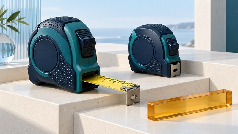Two conceptual steel tape rules with different case sizes, one short extended blade, visible hook and lock, and an amber comparison block.
