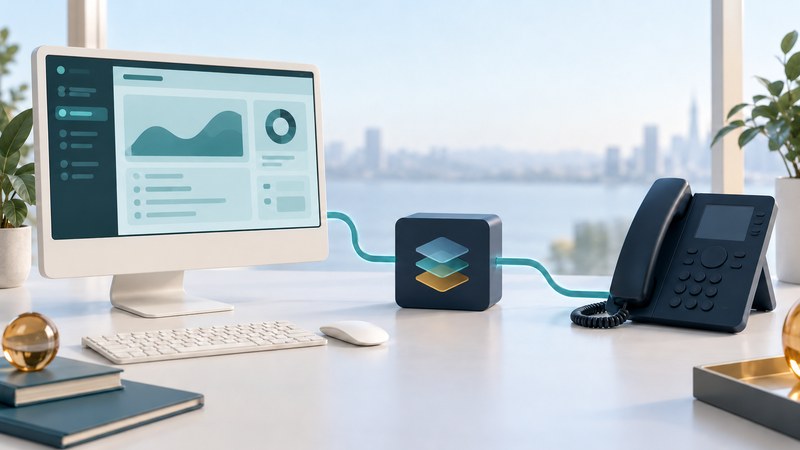 An ivory monitor, a conceptual navy integration block, and a navy desk telephone joined by tidy teal paths.