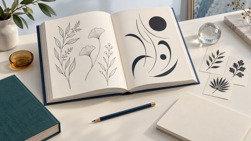 An open art book with original botanical drawings and abstract shapes sits beside reference cards, a pencil, and a blank notebook.