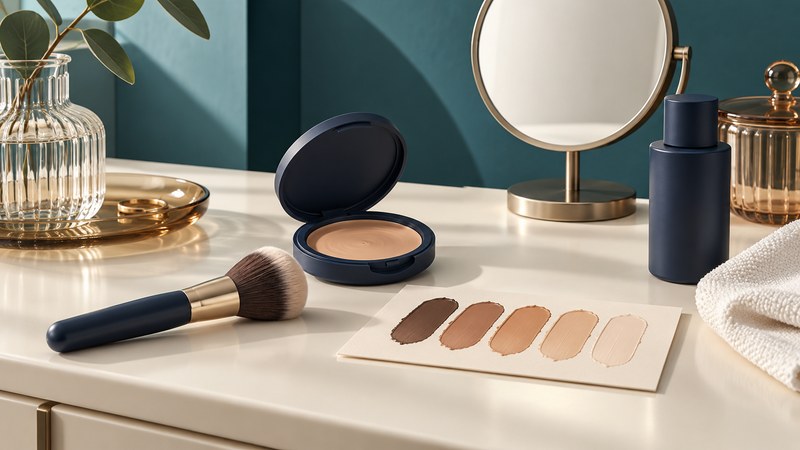 A makeup brush, open cream compact, five skin-tone swatches, round mirror, and cotton cloth on an ivory vanity.