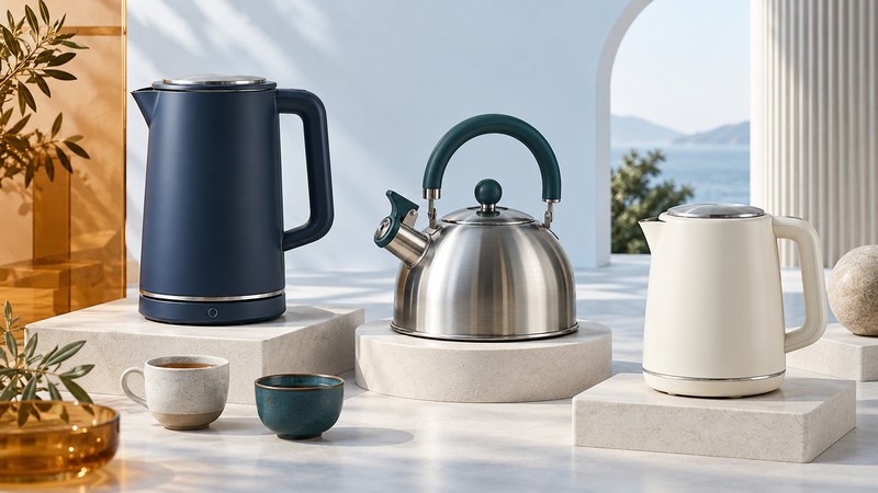 Three contrasting electric and stovetop kettles on ivory platforms beside two small cups.