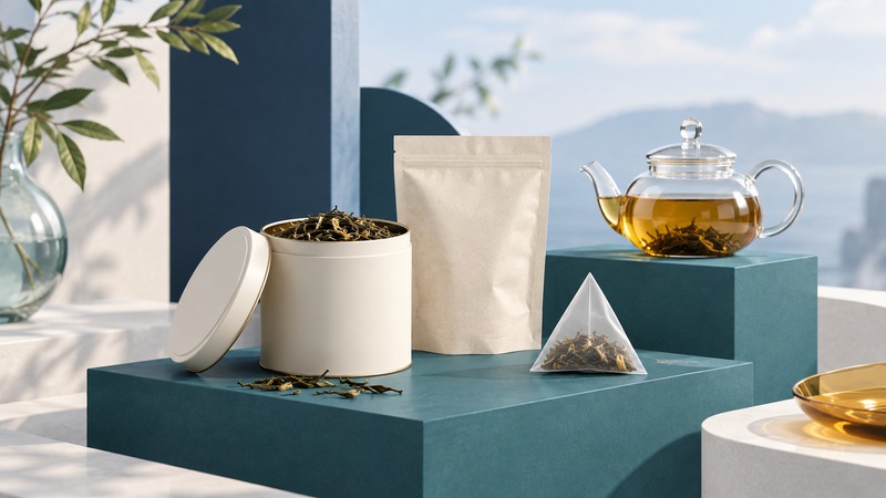 Loose tea in an ivory tin sits beside a paper pouch, sachet and glass teapot.