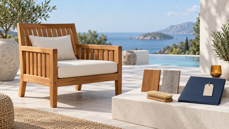 A teak slatted armchair with ivory cushions beside honey-brown and silver-gray wood samples, a brush, and a plain document folder.