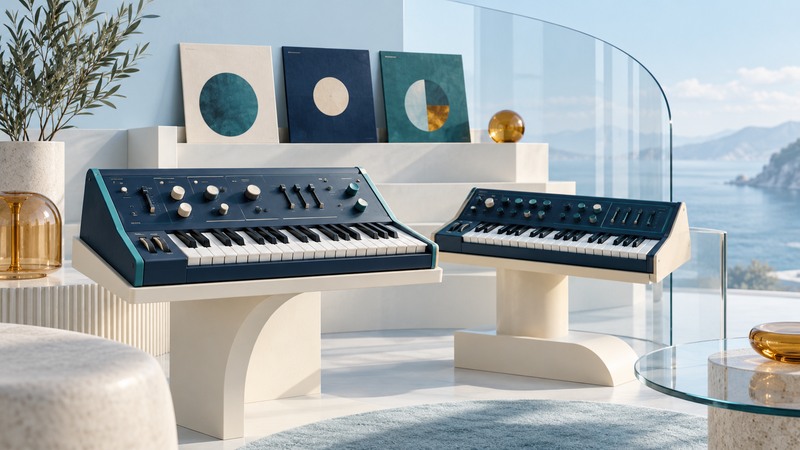 Two navy and teal synthesizers beside three record sleeves and curved clear glass.