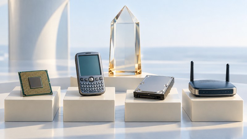 Period-inspired processor, handheld device, hard drive and router displayed in front of a clear glass award.