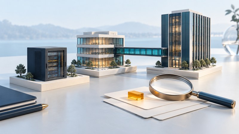 A model server and two business buildings sit beside a magnifying glass, evidence cards and an amber block.