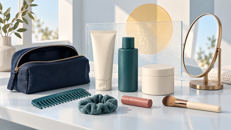 A navy toiletry pouch, simple skin-care containers, comb and makeup tools beside a mirror.