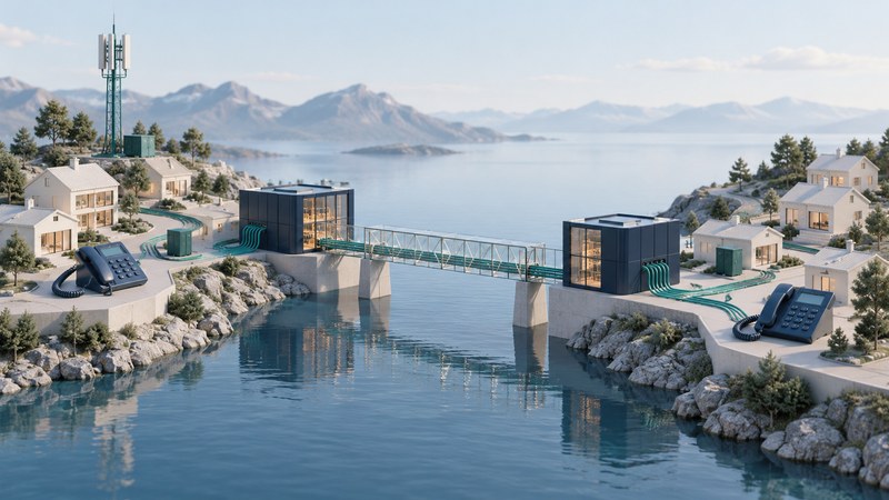 Two miniature neighborhoods with navy telephones and network hubs connected by a glass bridge and teal paths.