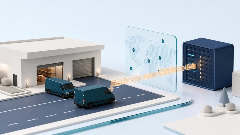Two teal vehicles at an ivory depot connect conceptually through a glass location panel to a navy server.