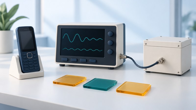 A feature phone beside a conceptual lab instrument, closed shield box, and three colored event tiles.