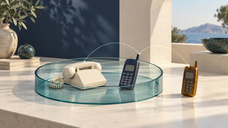 Conceptual landline and mobile phone inside a teal circular boundary, with another mobile phone outside.