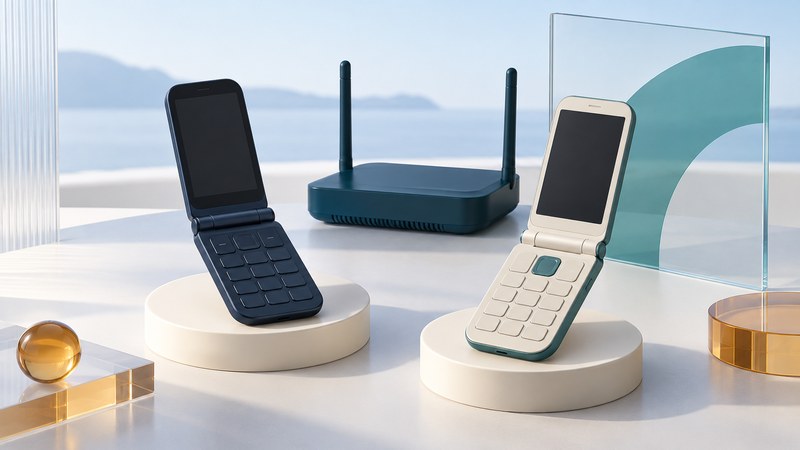 Two open clamshell phones with blank keypads beside a Wi-Fi router and an abstract teal arc on glass.