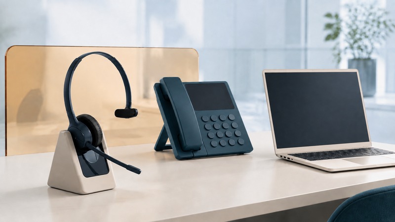 Navy headset with a boom microphone on an ivory stand beside a teal desk telephone and an ivory laptop with blank displays.