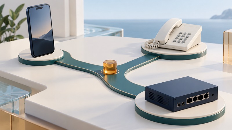 An amber token at a teal junction between a smartphone, desk phone, and network gateway.