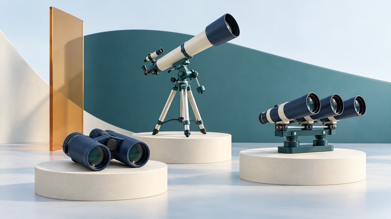 Binoculars, a tripod-mounted refractor, and a compact three-tube optical array stand on ivory display plinths.