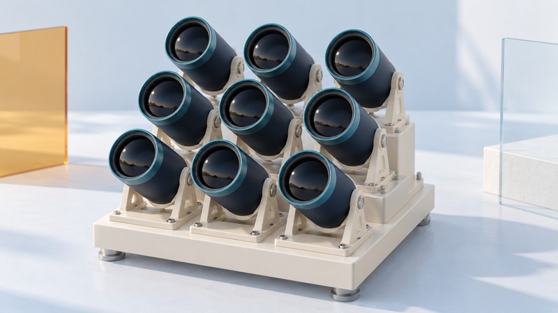 Nine aligned telescope modules on a common instrument bench.