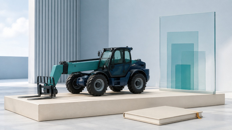 A navy and teal telehandler with empty lowered forks stands beside abstract glass reach shapes and a closed notebook.