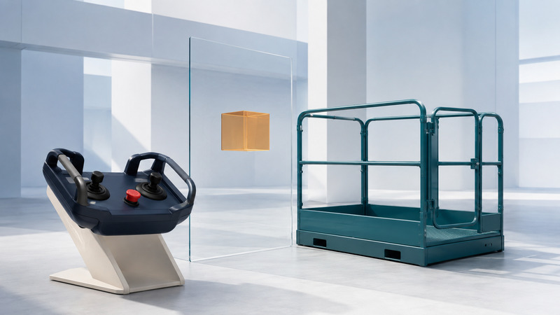 An industrial radio-control pendant faces a separate empty guarded platform resting at ground level, with a clear glass panel between them.