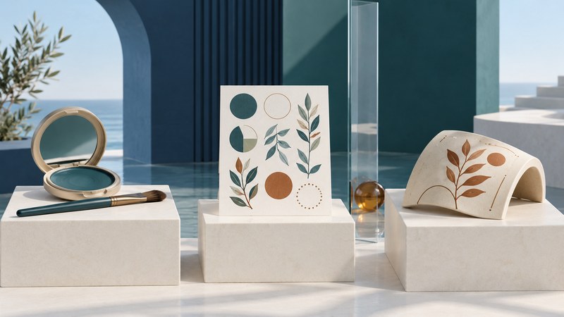 Three ivory plinths display cosmetic paint and a brush, a sheet of geometric transfers, and a ceramic tile with a botanical pattern.