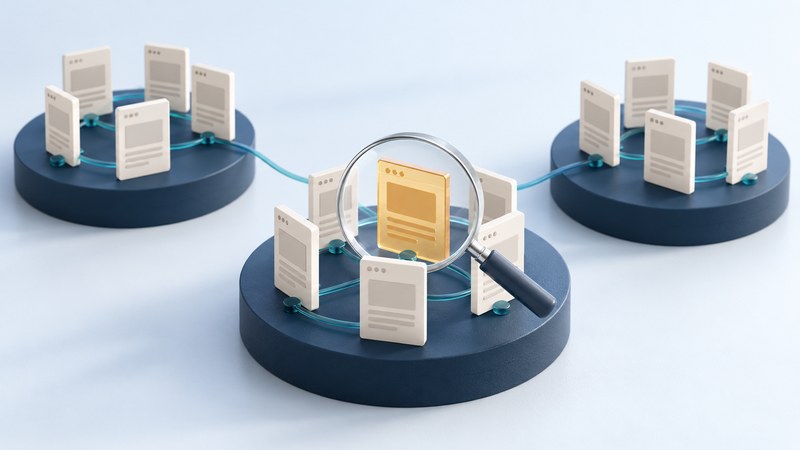 Three clusters of miniature webpage cards connect through teal paths as a lens highlights an amber card.