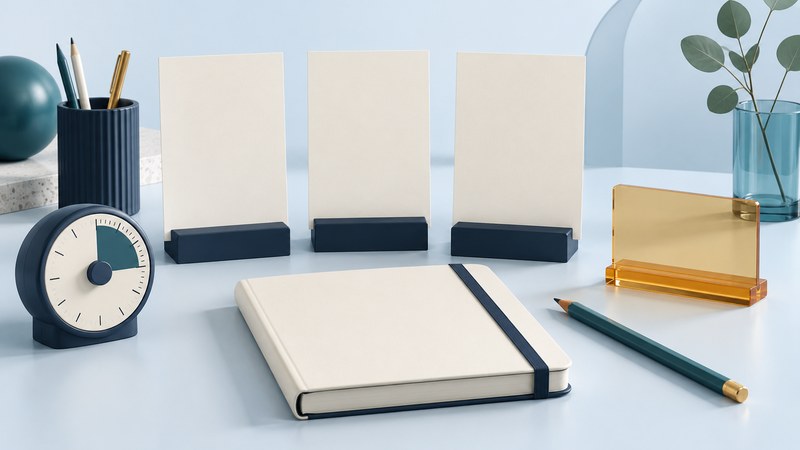 Three blank ivory study cards and a smaller amber card beside a notebook and timer.