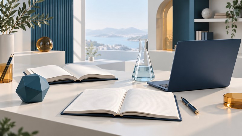 A laptop, study notebook, geometric solid, books and glass flask on ivory platforms.