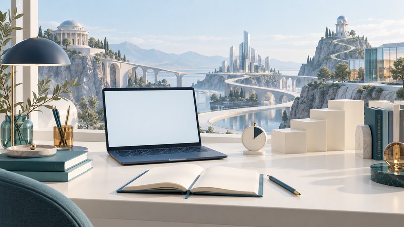 A laptop, notebook, timer, books and study steps overlook an imagined landscape of educational paths.