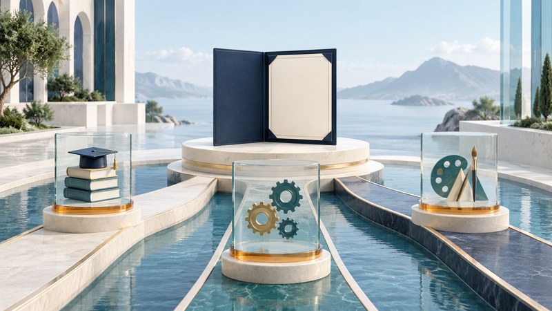An ivory document folio beside glass panels on paths converging on a platform.