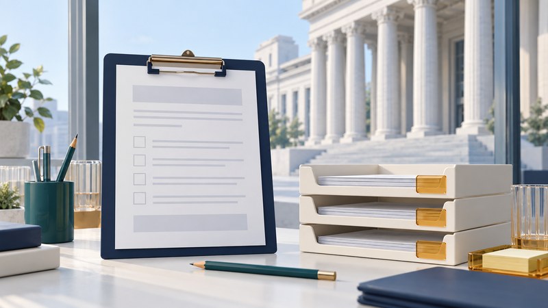 A blank application folder and checklist beside ordered document trays and glass panels.