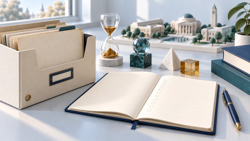 A file folder, blank notebook and hourglass in front of an imagined college campus.
