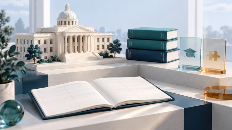 A conceptual college building, books, planner and glass cards on a stepped desk.