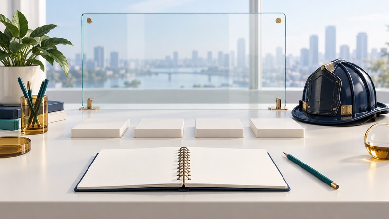 A blank planner and pencil beside a firefighter helmet and a sequence of ivory steps.