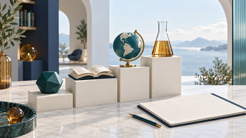 Four stepped platforms hold a geometric model, book, globe and glass flask beside a planner.