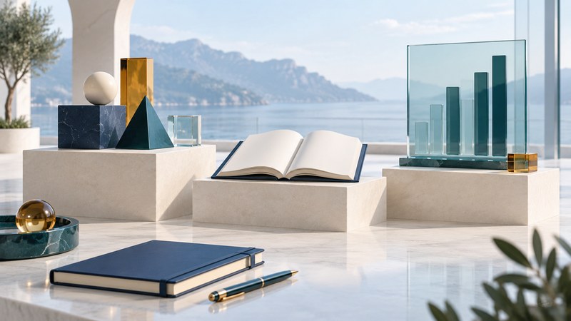 Three platforms display geometric models, an open book and an unlabeled glass bar chart.