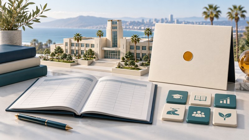 A diploma folder, plain amber medallion and six study tiles beside a notebook and imagined school.