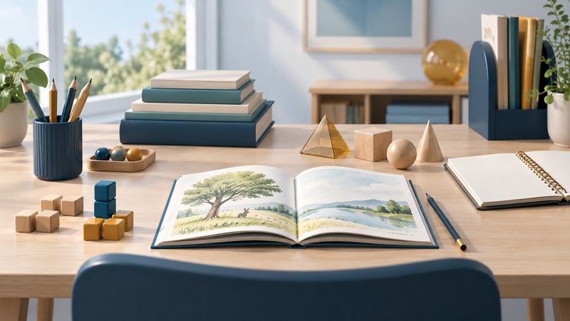 An open picture book, counting blocks and geometric shapes on a quiet ivory learning desk.