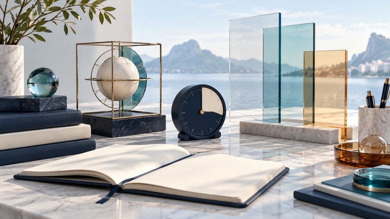 An open notebook, geometric model, glass panels and navy timer on a study desk.