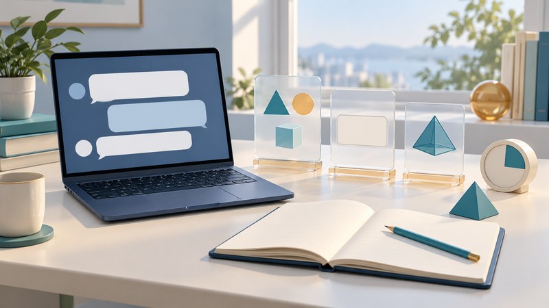 A navy laptop with blank conversation panels, glass study cards, an open notebook and a small timer on an ivory desk.