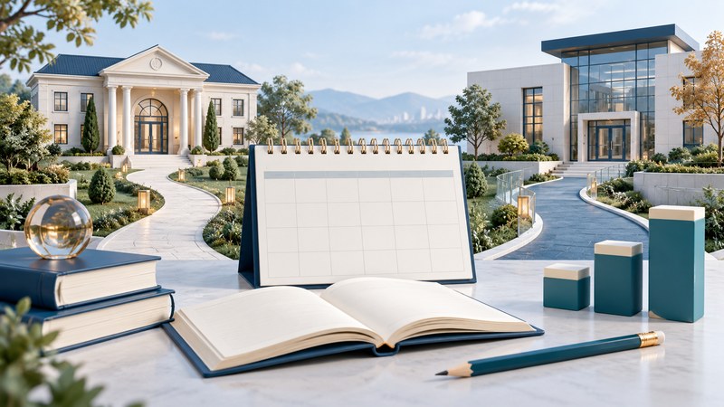 Two ivory school models beside a planner, book and ascending teal blocks.