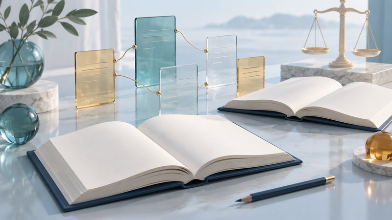 Open books and linked glass argument panels with a small balance scale in the background.