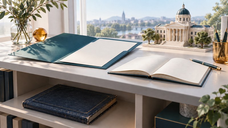 A closed old book rests below a desk with an open application folio, notebook and imagined campus.
