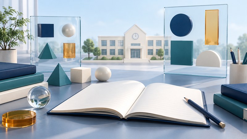 An open workbook and geometric learning models beside an ivory school model and translucent panels.