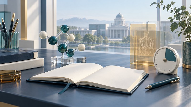An open notebook, conceptual molecular model, anatomy panel and timer on a navy study desk.