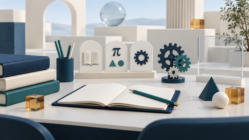 A notebook, geometric blocks, gear model and translucent study panels on an ivory desk.