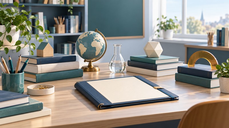 Three groups of books, a globe, flask and geometric forms beside a blank credential folio.