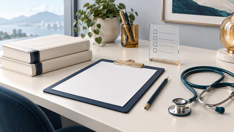A blank clipboard and books sit beside a stethoscope and glass checklist panel.