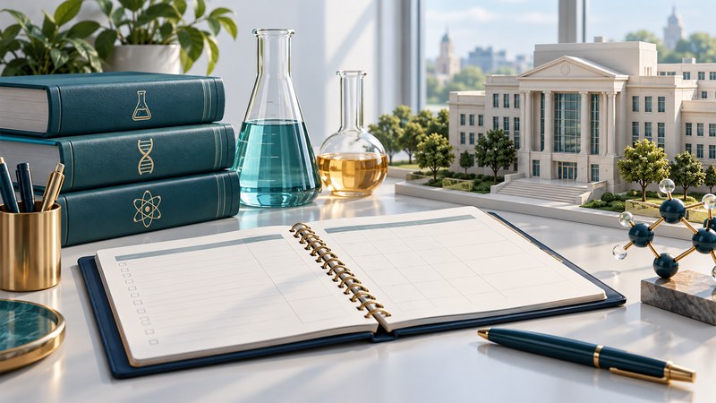 A course planner and books beside glass laboratory vessels and an imagined campus.
